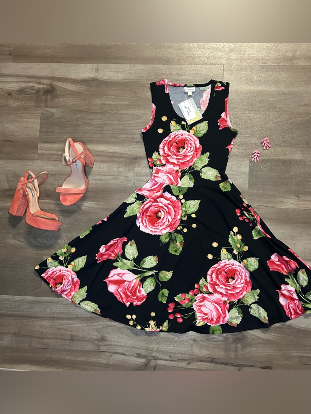 Floral Fit & Flare Dress in Black with Pink Roses